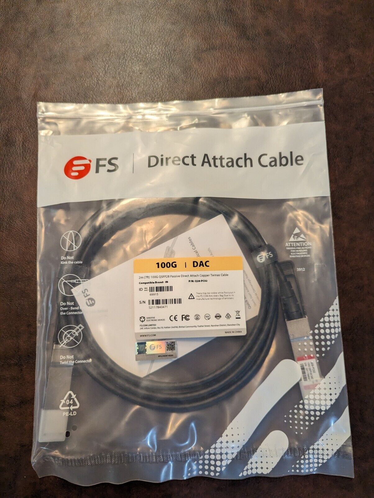 FS 2M 100G QSFP28 Passive Direct Attach Copper Twinax Cable (Q28-PC02)