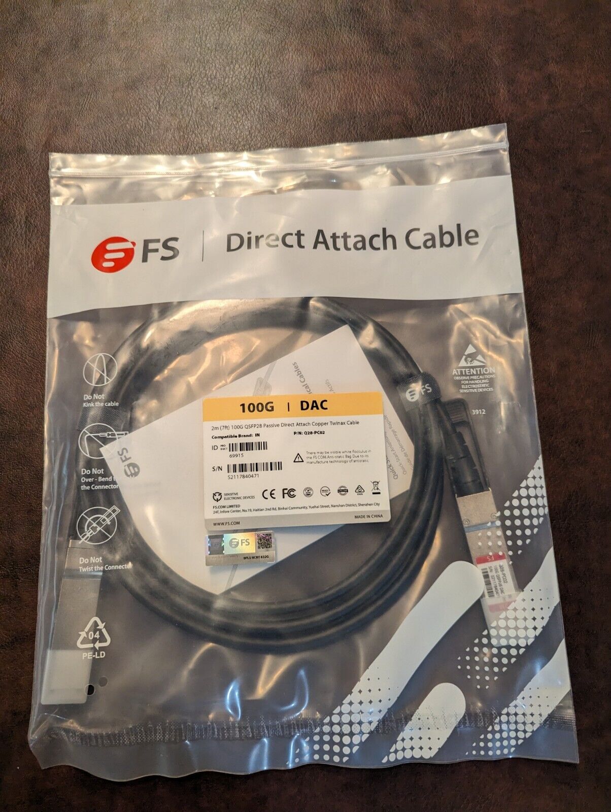 FS 2M 100G QSFP28 Passive Direct Attach Copper Twinax Cable (Q28-PC02)